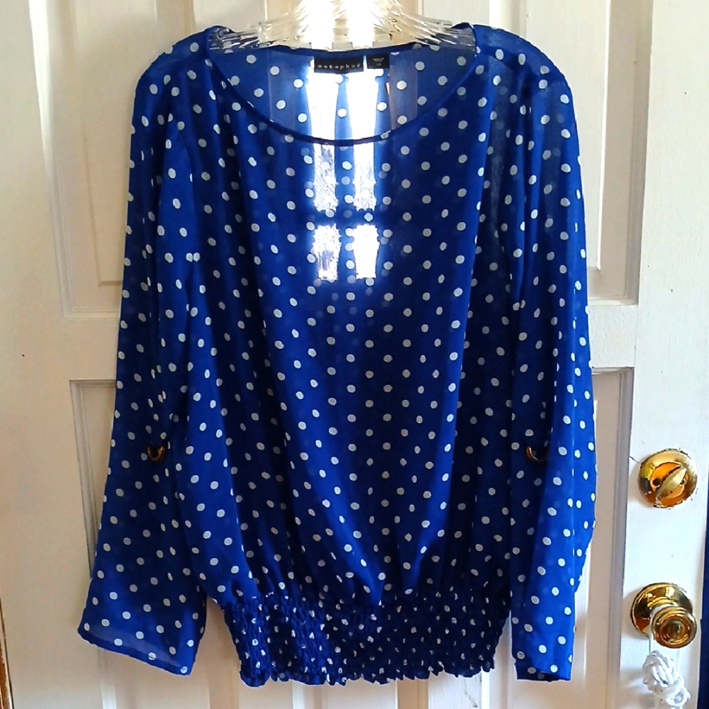 Metaphor Blue Polka Dot Women's Top Size L.Style Boho.